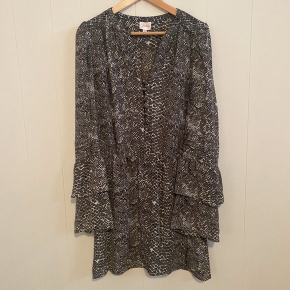 Parker NY Gray Snakeskin/Animal Print Double Bell Sleeve Blouson Dress Sz Medium - Picture 7 of 10